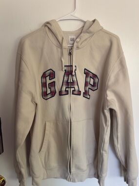 GAP Plaid Logo Cream Zip Hoodie